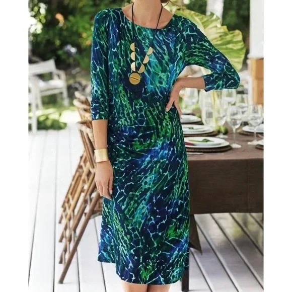 Soft Surroundings Darcy Patterned Long Sleeve Dress Size Tall XL Green Blue - Picture 1 of 7